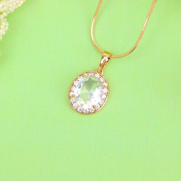 "Oval White Pendant with Crystal Halo in Elegant Rose Gold Plating, XPPT1621 - Picture 10 of 13